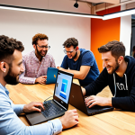 **"Vibrant coworking space filled with diverse social entrepreneurs collaborating on laptops, showcasing digital innovation. High-speed internet cables subtly visible. Include mentors guiding small start-up teams."** (Focus: Resource access & collaboration in a digital free zone)