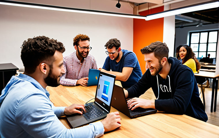 **"Vibrant coworking space filled with diverse social entrepreneurs collaborating on laptops, showcasing digital innovation. High-speed internet cables subtly visible. Include mentors guiding small start-up teams."** (Focus: Resource access & collaboration in a digital free zone)