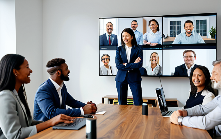 A diverse team of professional adults, fully clothed in modest business attire, actively engaged in a virtual collaboration session. Each individual is in their clean, modern home office, with screens showing blurred video calls, emphasizing a sense of shared purpose and human connection. The atmosphere is positive and collaborative, with natural light illuminating the scene. High-quality professional photography, sharp focus, perfect anatomy, correct proportions, natural pose, well-formed hands, proper finger count, natural body proportions, appropriate attire, professional dress, safe for work, appropriate content, family-friendly.