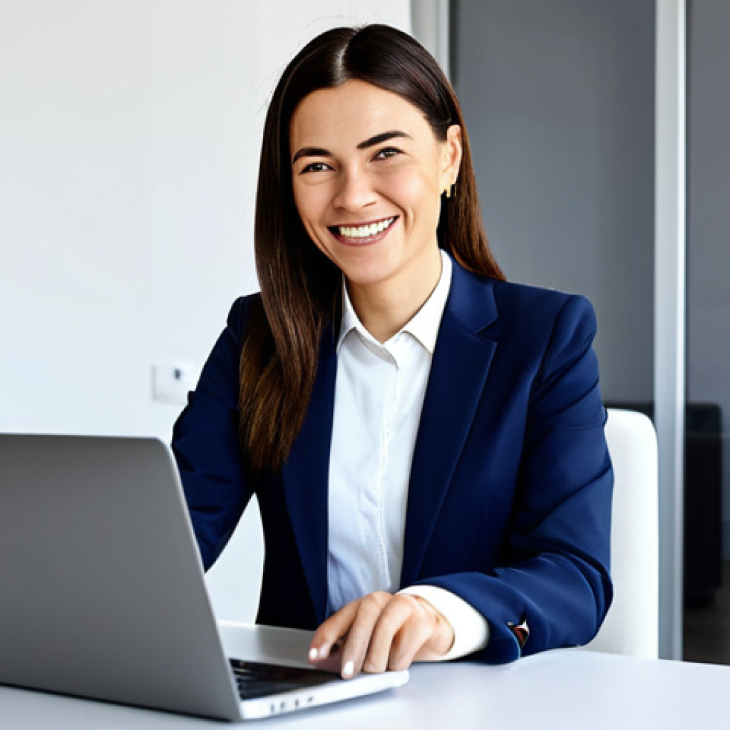 **
A professional businesswoman, fully clothed in a stylish business suit, actively participating in a virtual conference call on her laptop. The background shows a modern, minimalist home office setup. She is smiling and engaged, gesturing towards the screen. Perfect anatomy, natural proportions, well-formed hands, proper finger count. Safe for work, appropriate content, professional, family-friendly, modest clothing. High quality digital art, professional illustration.
**