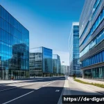Home 22 디지털 프리 존에서의 세금 혜택 알아보기 - A modern digital free zone business district in Europe, featuring sleek glass office buildings with ...
