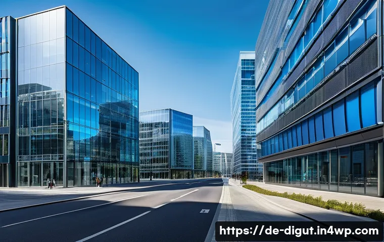디지털 프리 존에서의 세금 혜택 알아보기 - A modern digital free zone business district in Europe, featuring sleek glass office buildings with ...