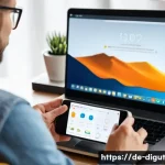Home 21 디지털 프리 존에서의 소비자 행동 변화 - A modern German consumer sitting comfortably at a cozy living room table with a laptop and smartphon...