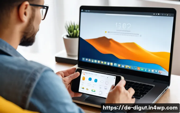디지털 프리 존에서의 소비자 행동 변화 - A modern German consumer sitting comfortably at a cozy living room table with a laptop and smartphon...