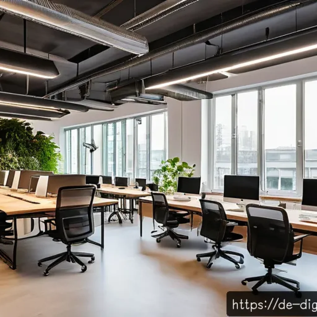 디지털 프리 존의 운영 모델 분석 - A bright and modern digital co-working space in Berlin, featuring open-plan desks with diverse, agil...