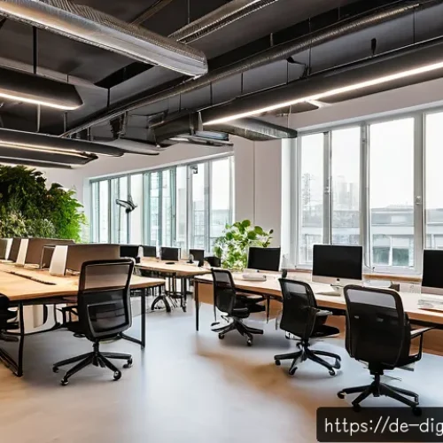 Home 32 디지털 프리 존의 운영 모델 분석 - A bright and modern digital co-working space in Berlin, featuring open-plan desks with diverse, agil...