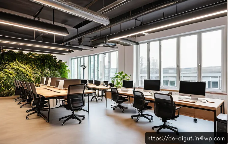 디지털 프리 존의 운영 모델 분석 - A bright and modern digital co-working space in Berlin, featuring open-plan desks with diverse, agil...
