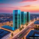 Home 19 디지털 프리 존과 디지털 자산 투자 - A futuristic digital ecosystem hub in a modern German cityscape at dusk, featuring glowing blockchai...