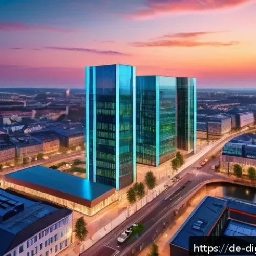 Home 31 디지털 프리 존과 디지털 자산 투자 - A futuristic digital ecosystem hub in a modern German cityscape at dusk, featuring glowing blockchai...