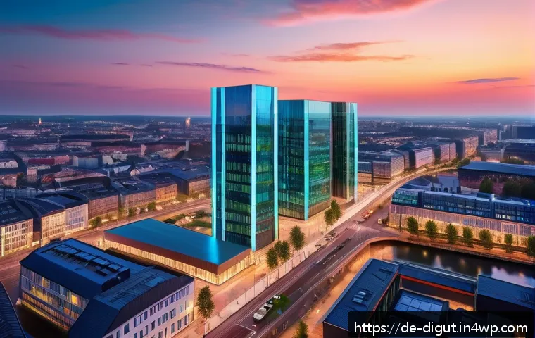디지털 프리 존과 디지털 자산 투자 - A futuristic digital ecosystem hub in a modern German cityscape at dusk, featuring glowing blockchai...