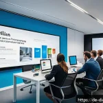 Home 18 디지털 프리 존에서의 마케팅 전략 - A professional B2B marketing scene set in a modern German office environment, featuring diverse busi...