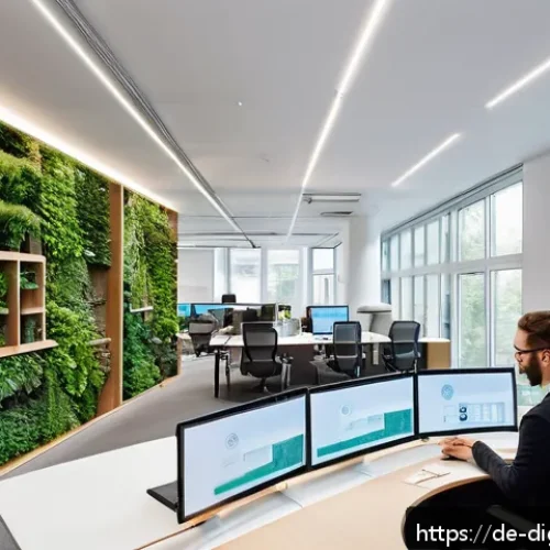 Home 17 디지털 프리 존의 기술 인프라 구축 방안 - A modern urban digital workspace in Berlin featuring modular office architecture with flexible walls...